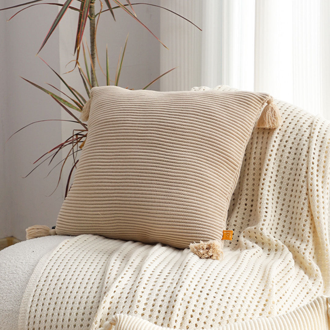 SOGA 45cm Off-White Wabi-Sabi Raised Pillow Cotton Striped Large Tassel Square Pillow Throw Pillow