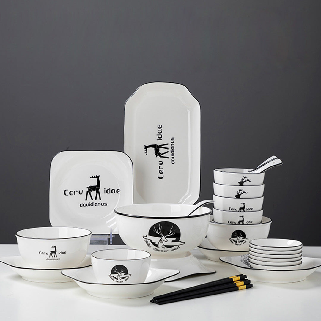 White Antler Printed Ceramic Dinnerware Set