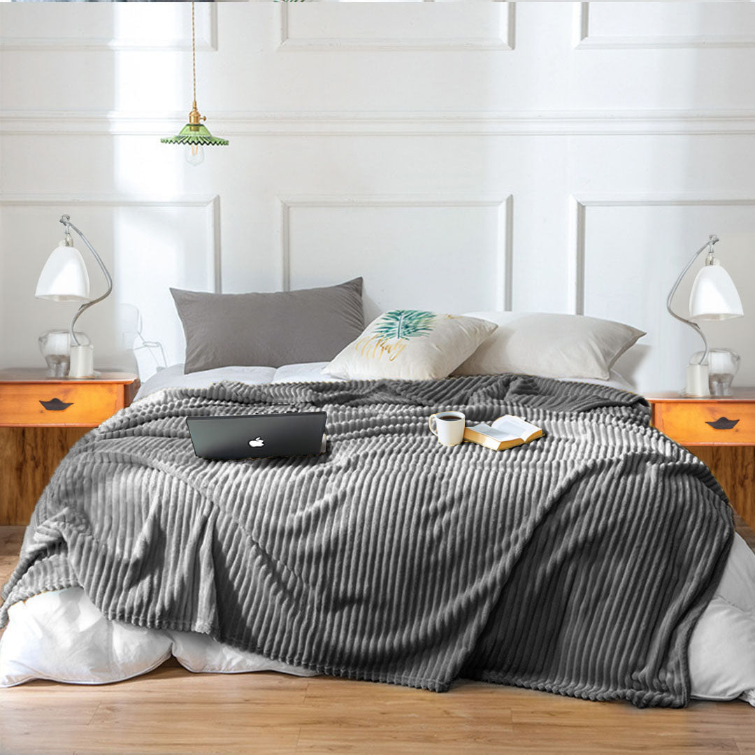 SOGA 2X Grey Throw Blanket Warm Cozy Striped Pattern Thin Flannel Coverlet Fleece Bed Sofa Comforter