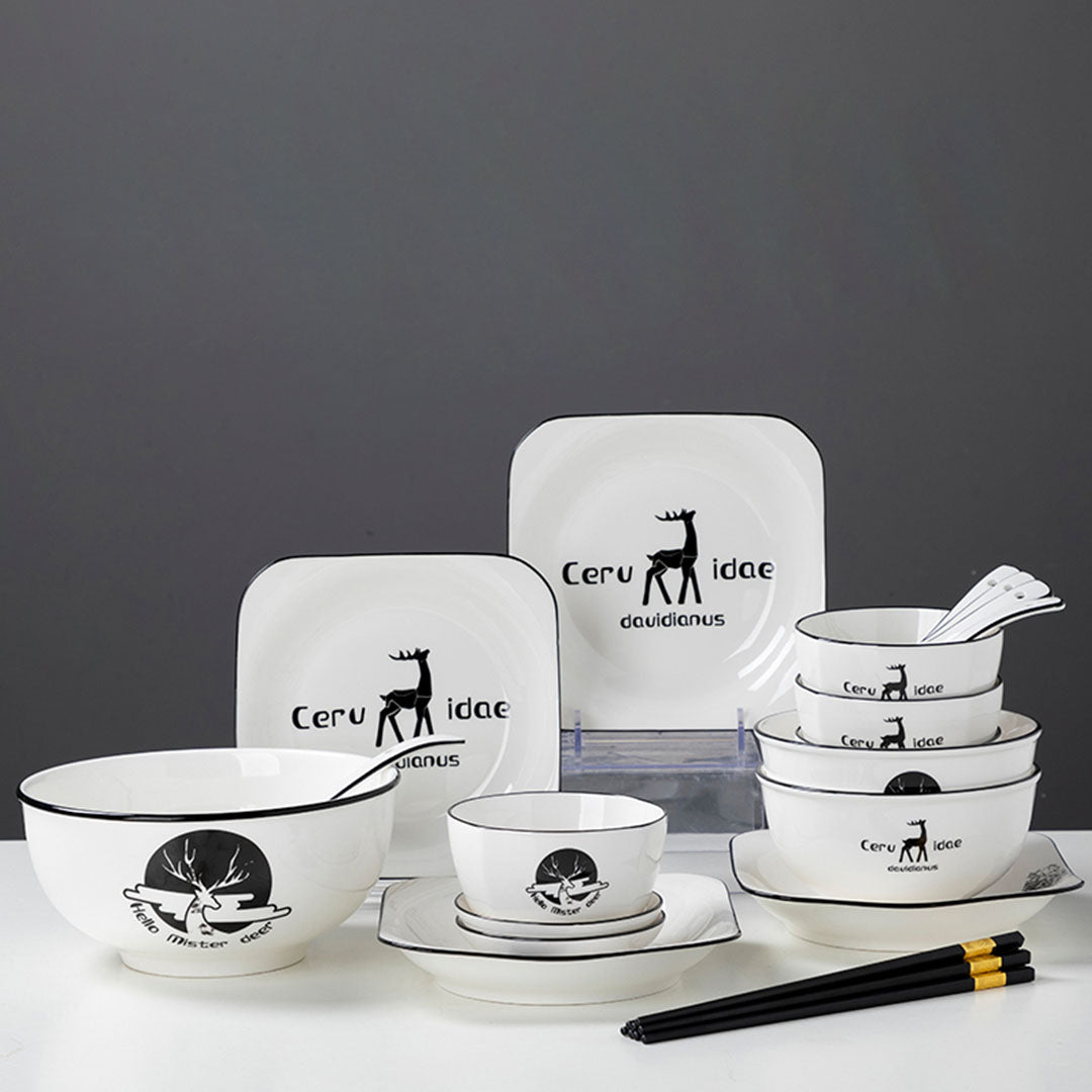 White Antler Printed Ceramic Dinnerware Set