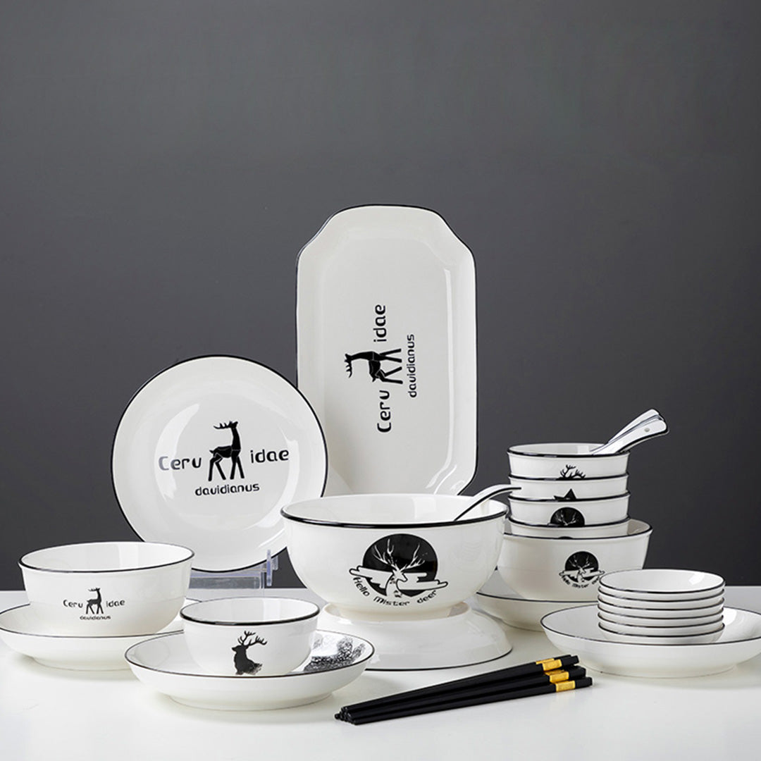 White Antler Printed Ceramic Dinnerware Set