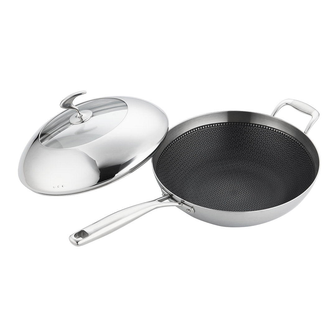 SOGA 2X 18/10 Stainless Steel Fry Pan 32cm Frying Pan Top Grade Non Stick Interior Skillet with Helper Handle and Lid