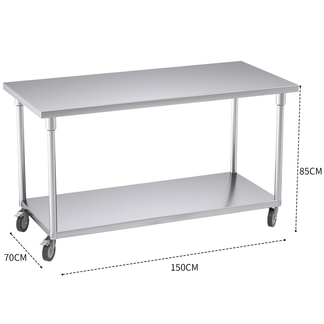 SOGA 150cm Commercial Catering Kitchen Stainless Steel Prep Work Bench Table with Wheels