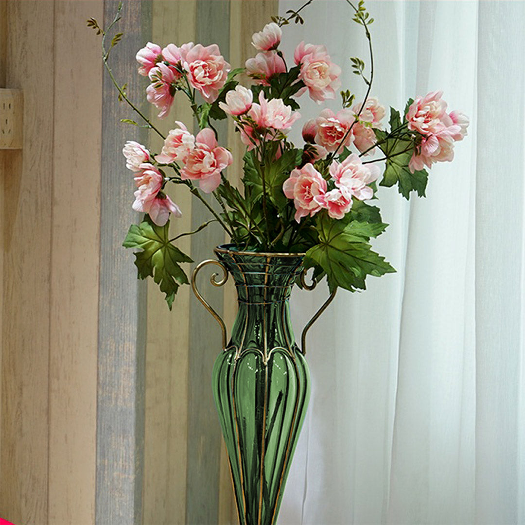 Green Flower Vase With Two Gold Metal Handle