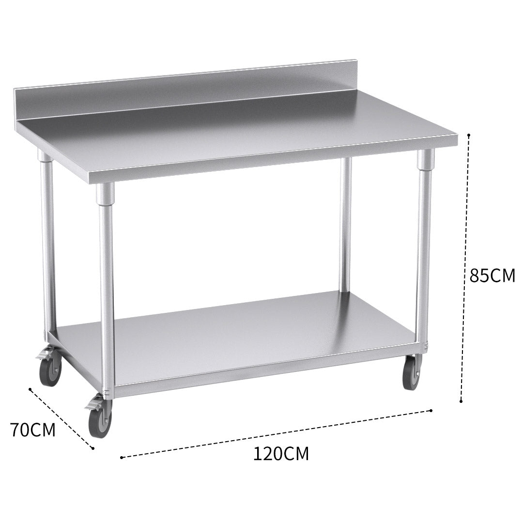 SOGA 120cm Commercial Catering Kitchen Stainless Steel Prep Work Bench Table with Backsplash and Caster Wheels