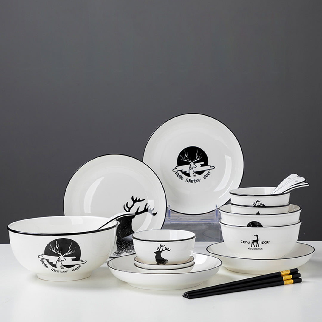 White Antler Printed Ceramic Dinnerware Set