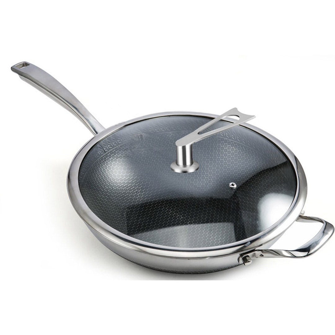 SOGA 2X 34cm Stainless Steel Tri-Ply Frying Cooking Fry Pan Textured Non Stick Skillet with Glass Lid and Helper Handle