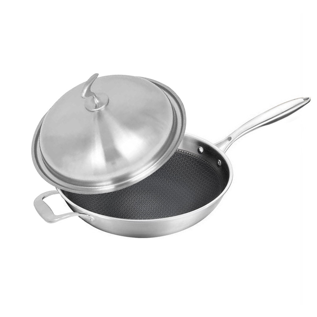 SOGA 18/10 Stainless Steel Fry Pan 34cm Frying Pan Top Grade Textured Non Stick Interior Skillet with Helper Handle and Lid