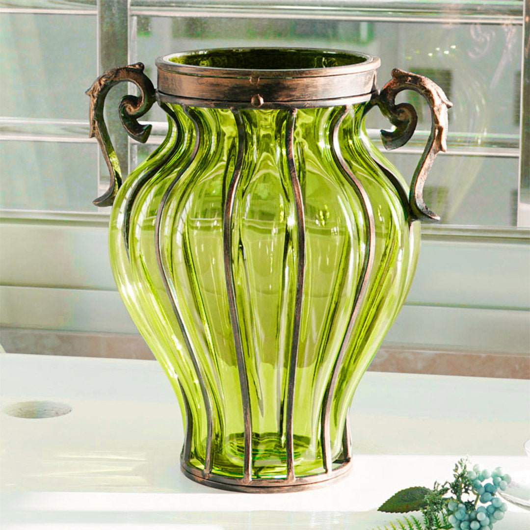 SOGA Green Colored Glass Flower Vase with 4 Bunch 9 Heads Artificial Fake Silk Rose Home Decor Set