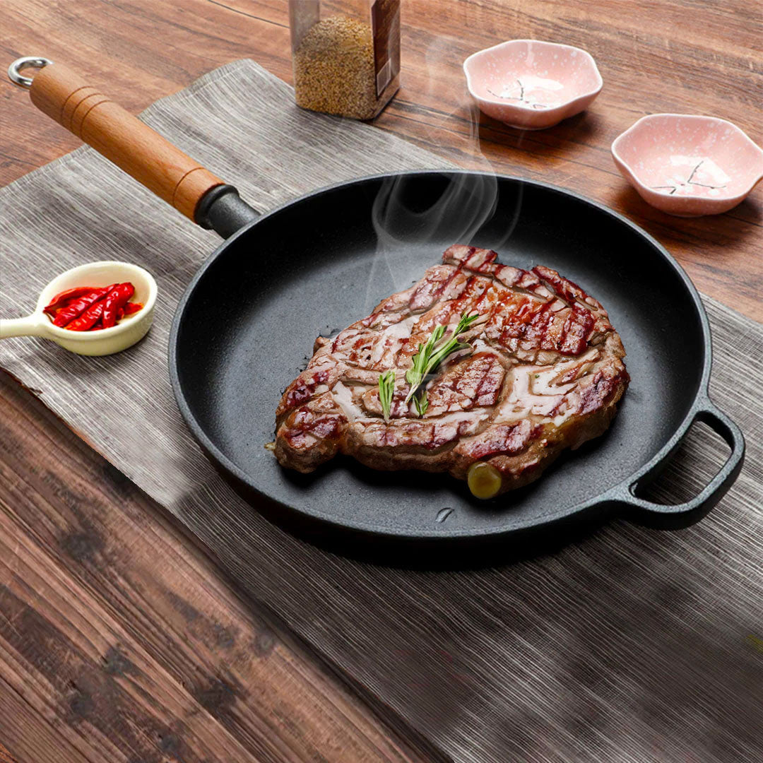 SOGA 2X 27cm Round Cast Iron Frying Pan Skillet Steak Sizzle Platter with Helper Handle