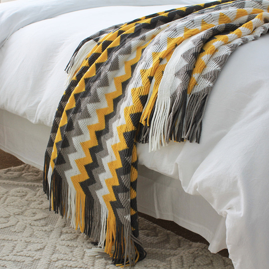 SOGA 220cm Yellow Zigzag Striped Throw Blanket Acrylic Wave Knitted Fringed Woven Cover Couch Bed Sofa Home Decor