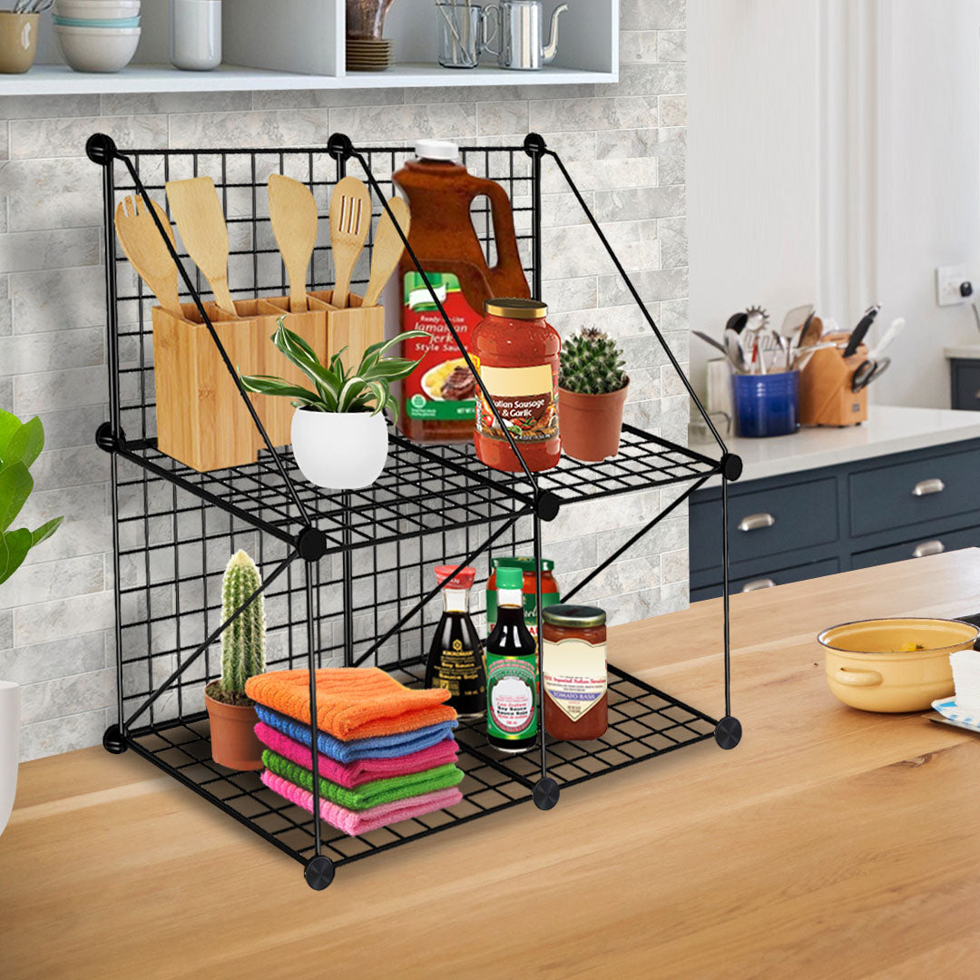 SOGA 2X Black Portable 4-Cube 2 Column Storage Organiser Foldable DIY Modular Grid Space Saving Shelf