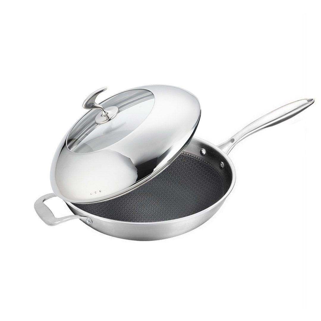 SOGA 2X 18/10 Stainless Steel Fry Pan 32cm Frying Pan Top Grade Non Stick Interior Skillet with Helper Handle and Lid