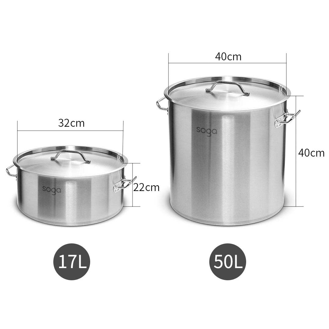 SOGA 17L Wide Stock Pot  and 50L Tall Top Grade Thick Stainless Steel Stockpot 18/10