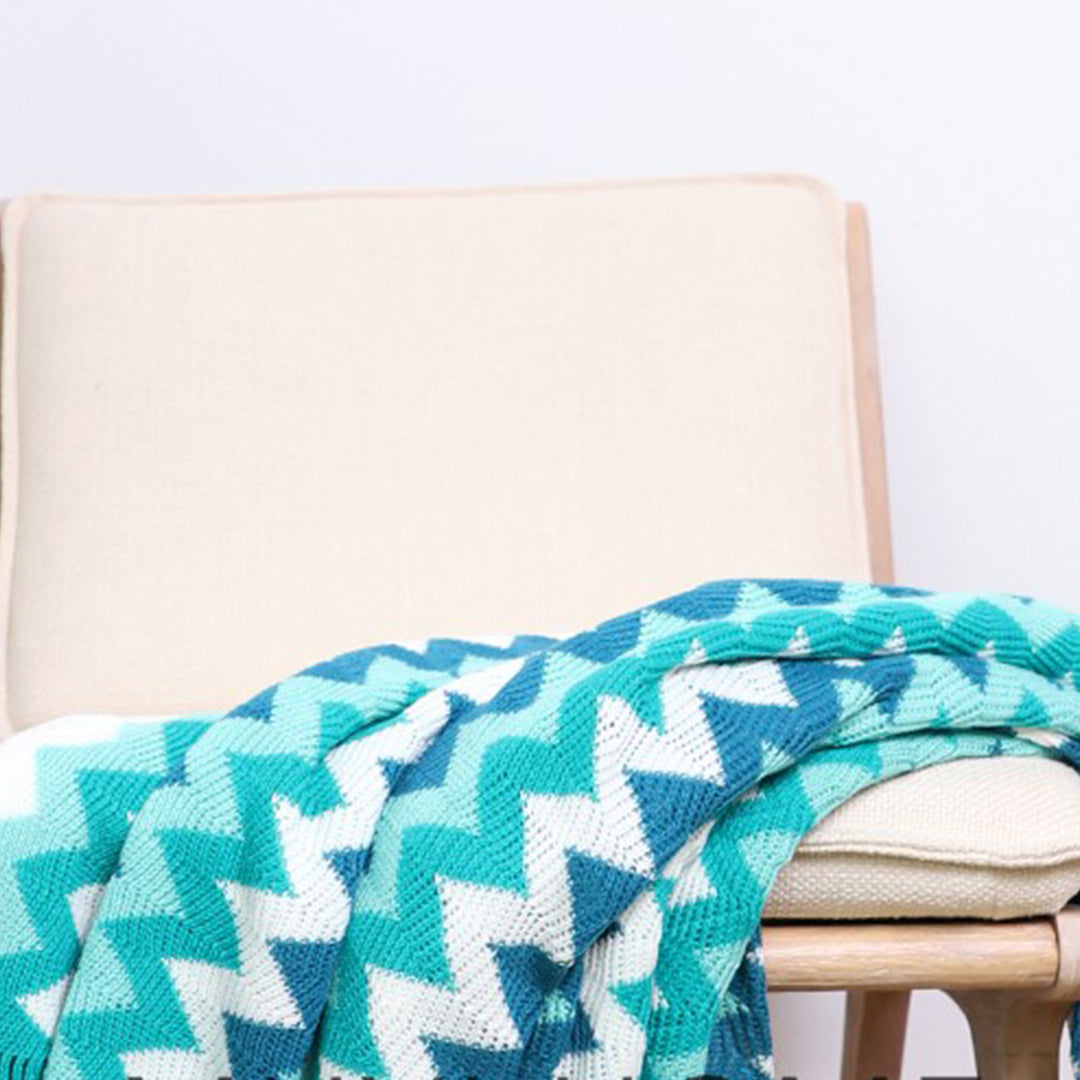 SOGA 220cm Blue Zigzag Striped Throw Blanket Acrylic Wave Knitted Fringed Woven Cover Couch Bed Sofa Home Decor