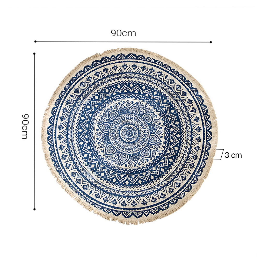 SOGA 2X Dark Blue Carpet Soft Linen Bohemian Non-Slip Floor Retro Minimalist Round Rug Home Decor with Tassels