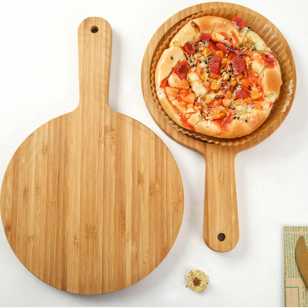 SOGA 12 inch Blonde Round Premium Wooden Serving Tray Board Paddle with Handle Home Decor