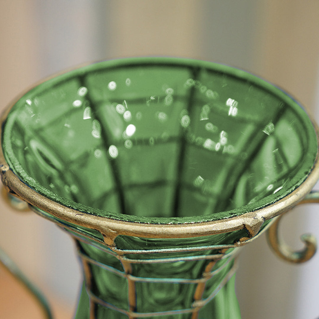 Green Flower Vase With Two Gold Metal Handle