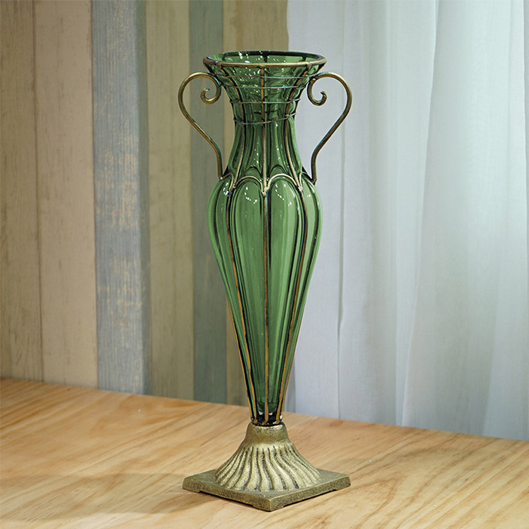 Green Flower Vase With Two Gold Metal Handle