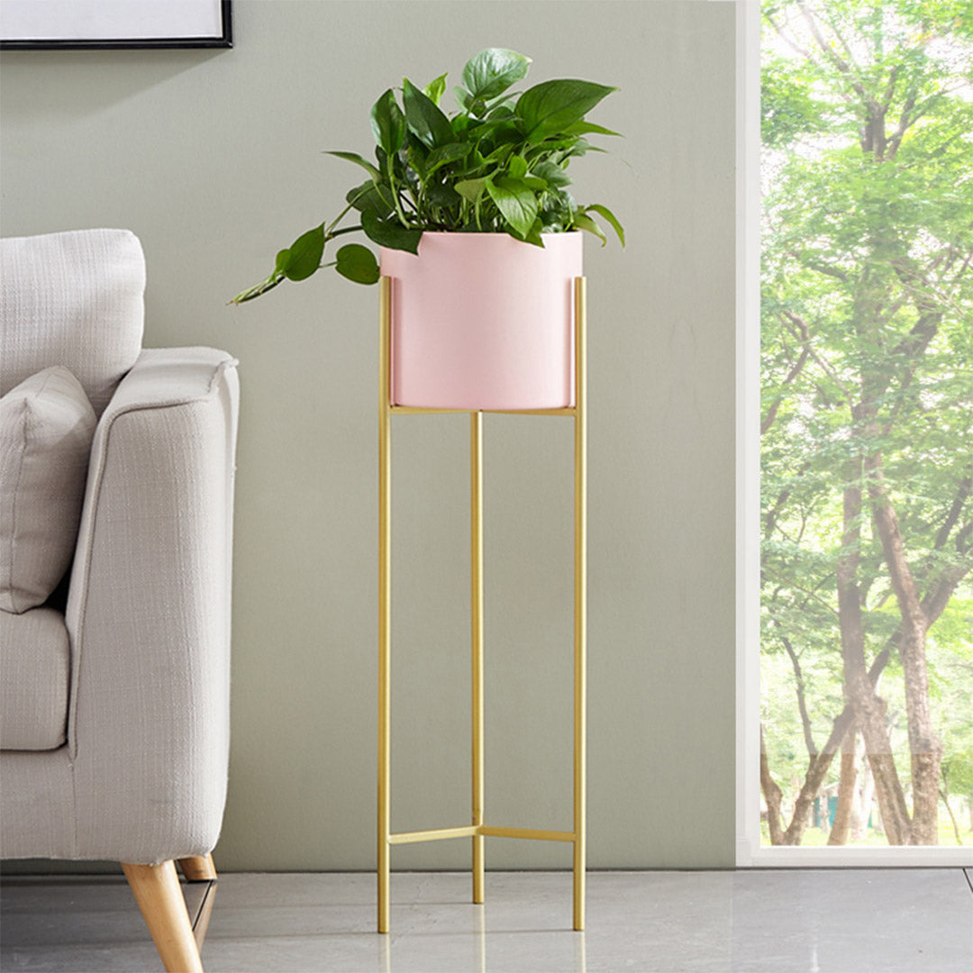 SOGA 2 Layer 60cm Gold Metal Plant Stand with Pink Flower Pot Holder Corner Shelving Rack Indoor Display