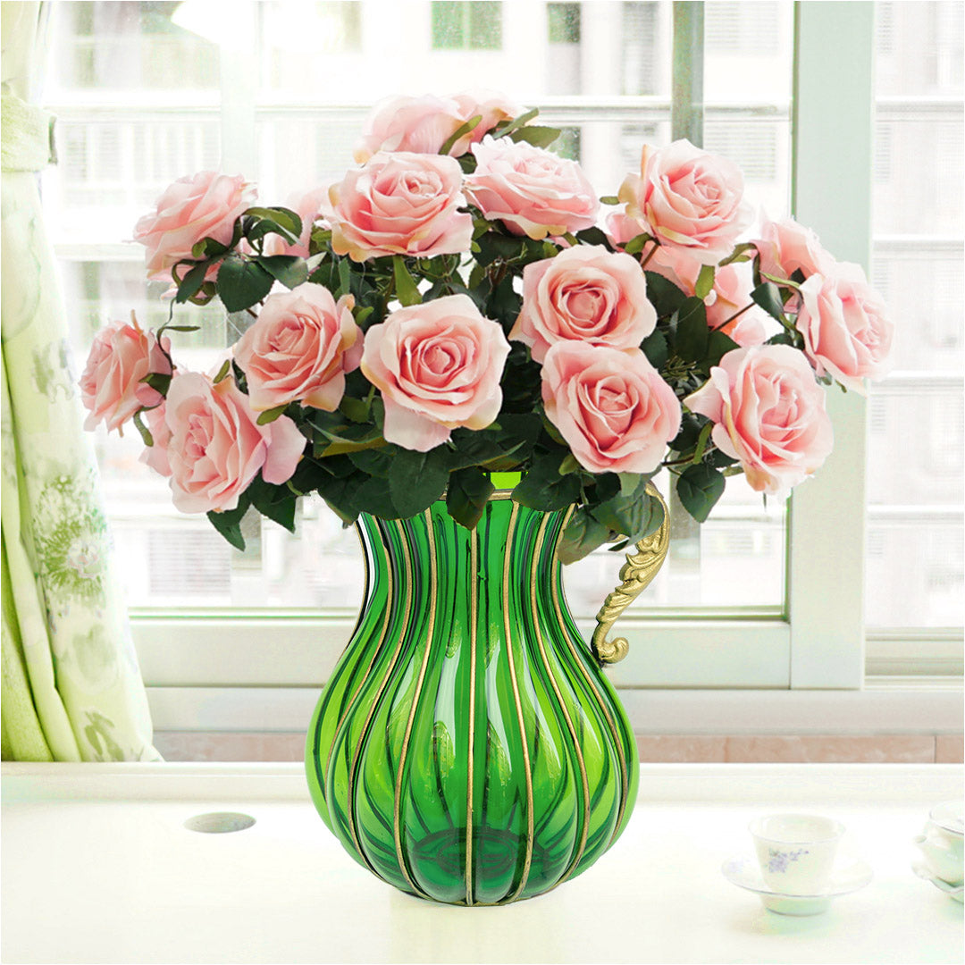 SOGA Green Colored Glass Flower Vase with 4 Bunch 9 Heads Artificial Fake Silk Rose Home Decor Set