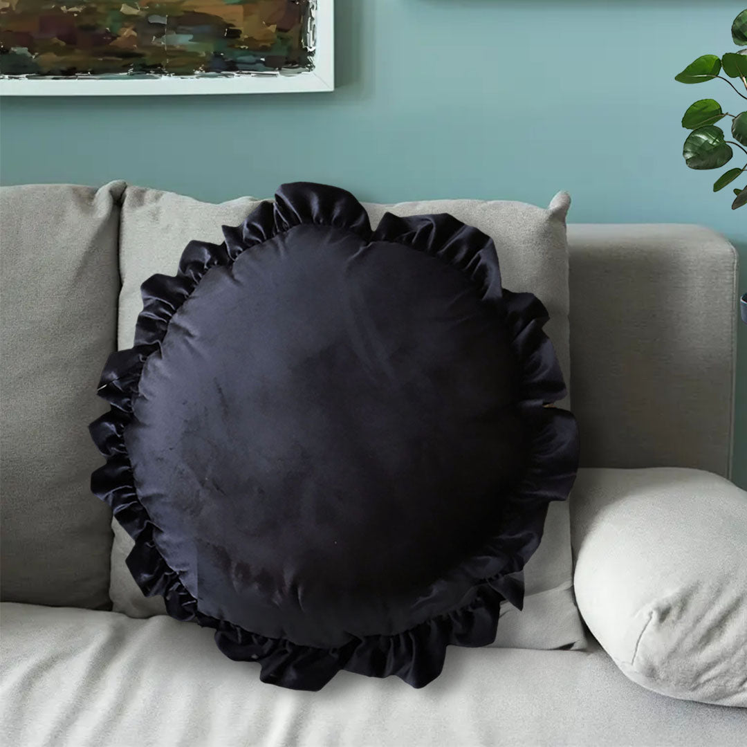 SOGA 45cm Butterfly Black Vintage Lotus Leaf Edge Round Throw Pillow