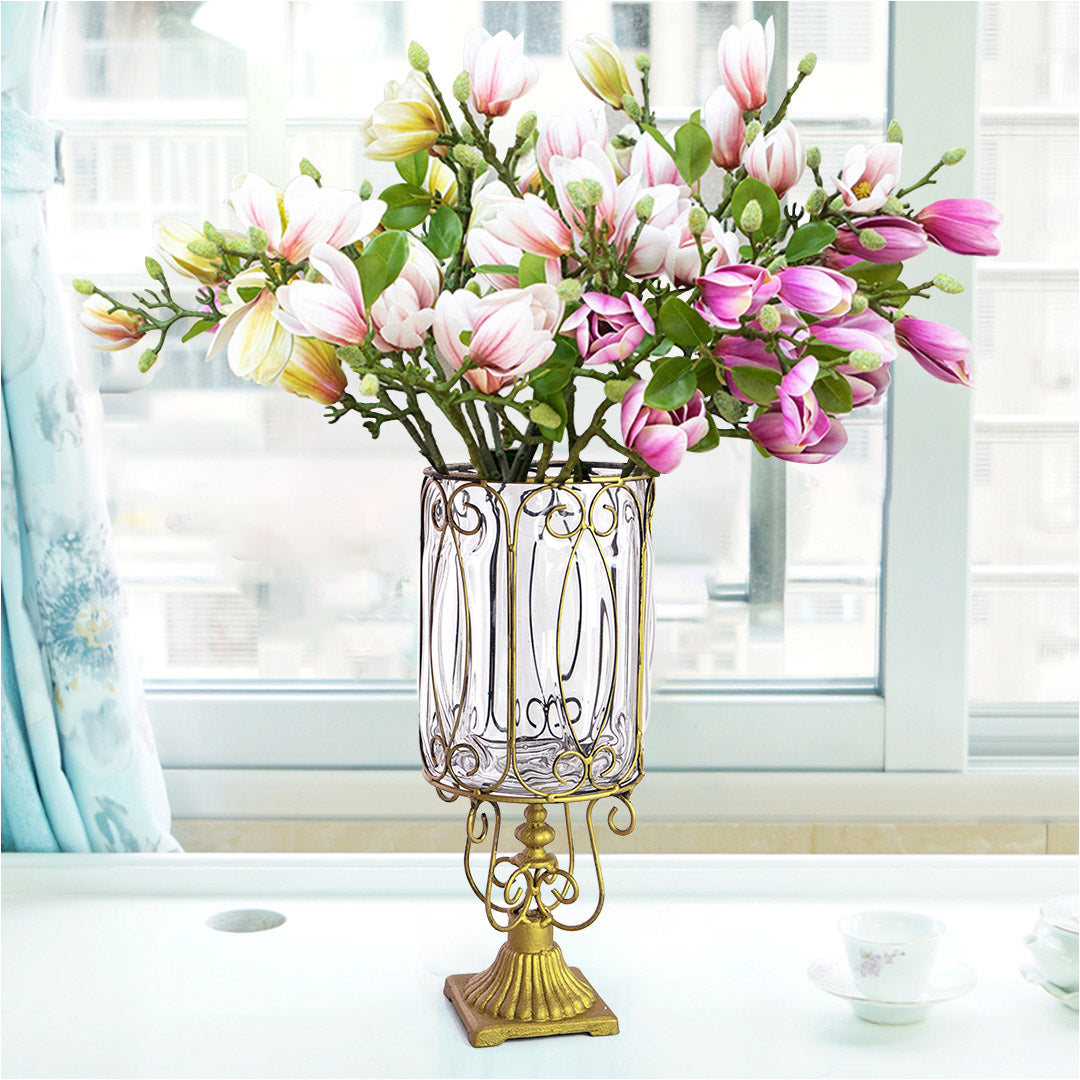 SOGA Clear Glass Cylinder Flower Vase with 6 Bunch 4 Heads Artificial Fake Silk Magnolia denudata Home Decor Set