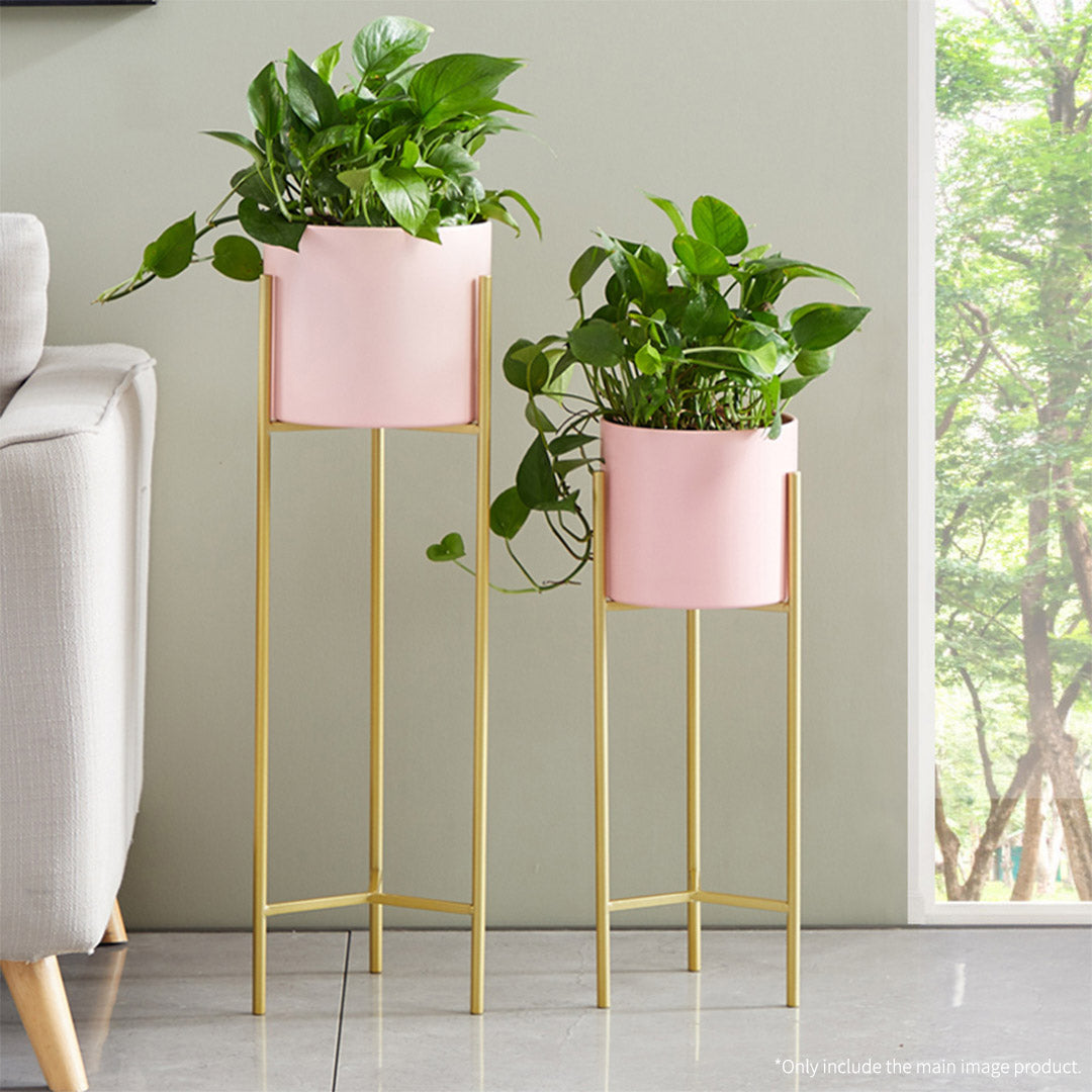 SOGA 2 Layer 60cm Gold Metal Plant Stand with Pink Flower Pot Holder Corner Shelving Rack Indoor Display