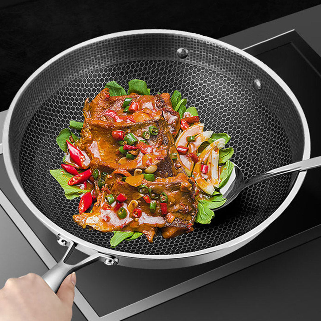 SOGA 34cm Stainless Steel Tri-Ply Frying Cooking Fry Pan Textured Non Stick Skillet with Glass Lid and Helper Handle