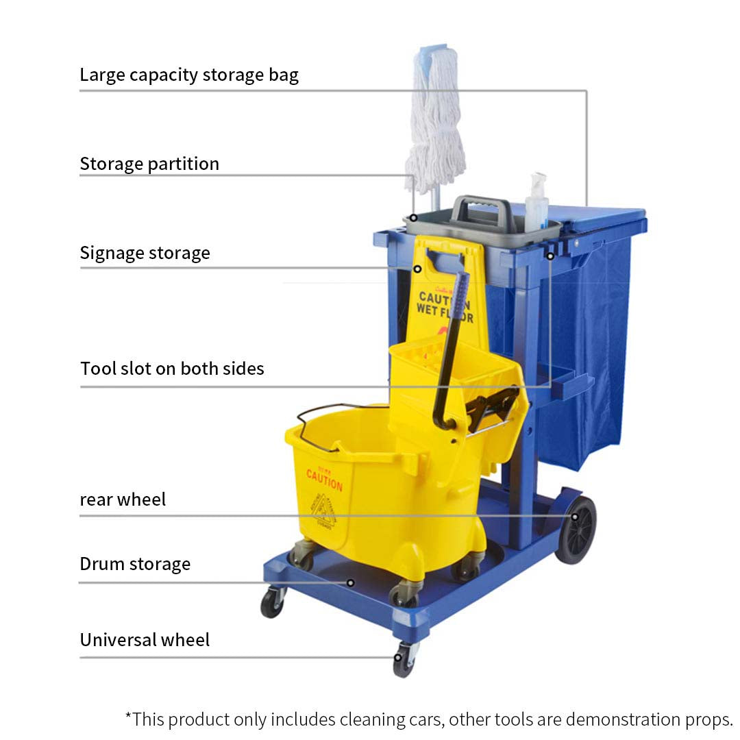 SOGA 3 Tier Multifunction Janitor Cleaning Waste Cart Trolley and Waterproof Bag with Lid Blue