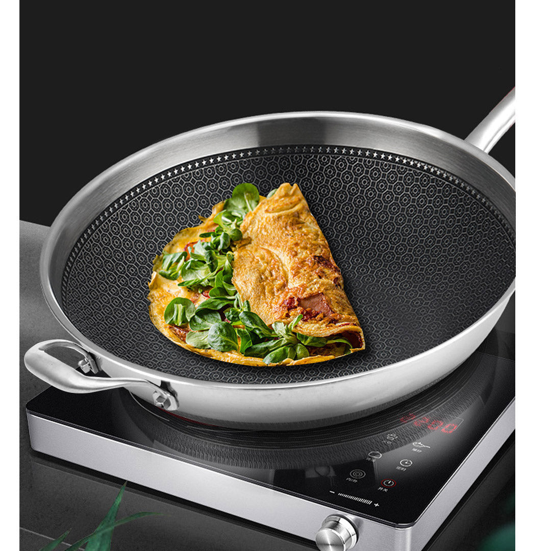 SOGA 18/10 Stainless Steel Fry Pan 32cm Frying Pan Top Grade Non Stick Interior Skillet with Helper Handle and Lid