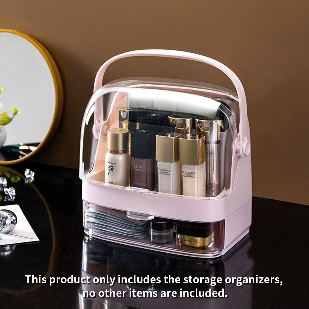 SOGA 2 Tier Pink Countertop Makeup Cosmetic Storage Organiser Skincare Holder Jewelry Storage Box with Handle