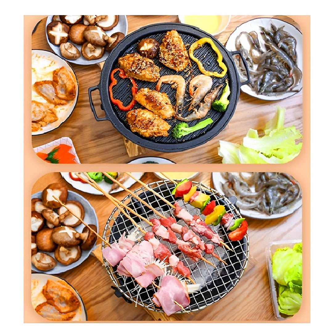 SOGA Large Cast Iron Round Stove Charcoal Table Net Grill Japanese Style BBQ Picnic Camping with Wooden Board