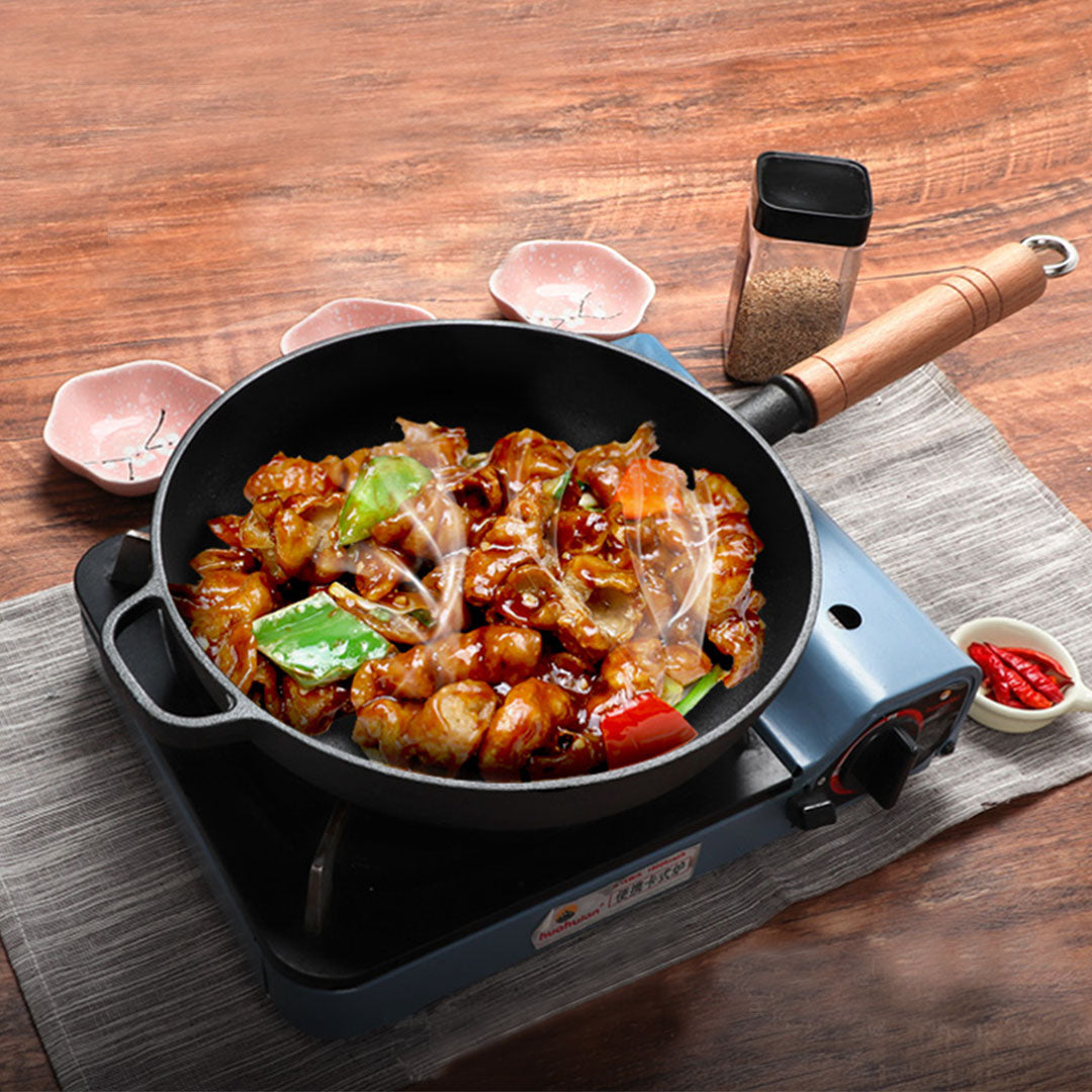 SOGA 2X 27cm Round Cast Iron Frying Pan Skillet Steak Sizzle Platter with Helper Handle