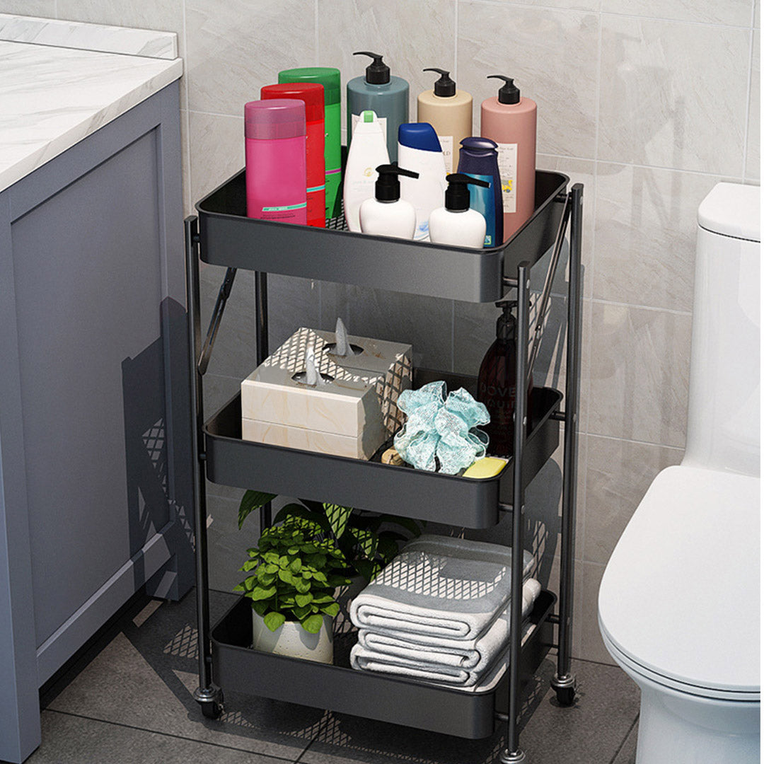 SOGA 2X 3 Tier Steel Black Foldable Kitchen Cart Multi-Functional Shelves Storage Organizer with Wheels