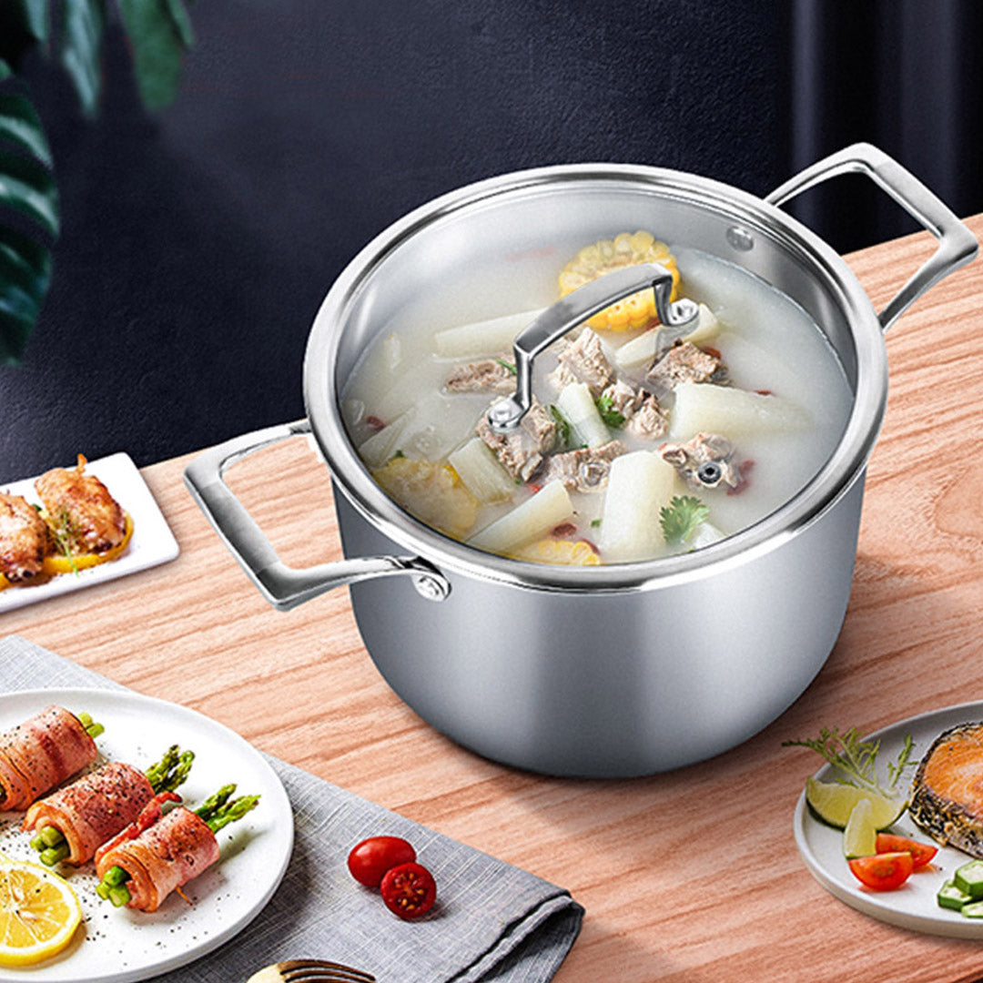 SOGA 2X 26cm Stainless Steel Soup Pot Stock Cooking Stockpot Heavy Duty Thick Bottom with Glass Lid