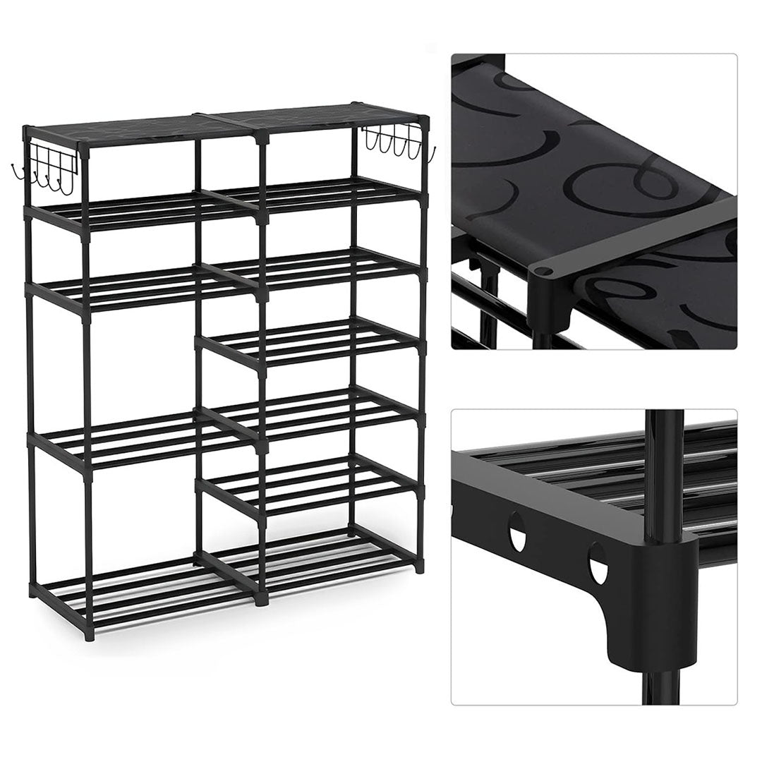 SOGA 2X 12-Shelf Tier Shoe Storage Shelf Space-Saving Caddy Rack Organiser with Side Hooks Black