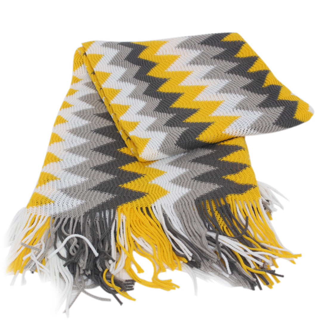 SOGA 220cm Yellow Zigzag Striped Throw Blanket Acrylic Wave Knitted Fringed Woven Cover Couch Bed Sofa Home Decor