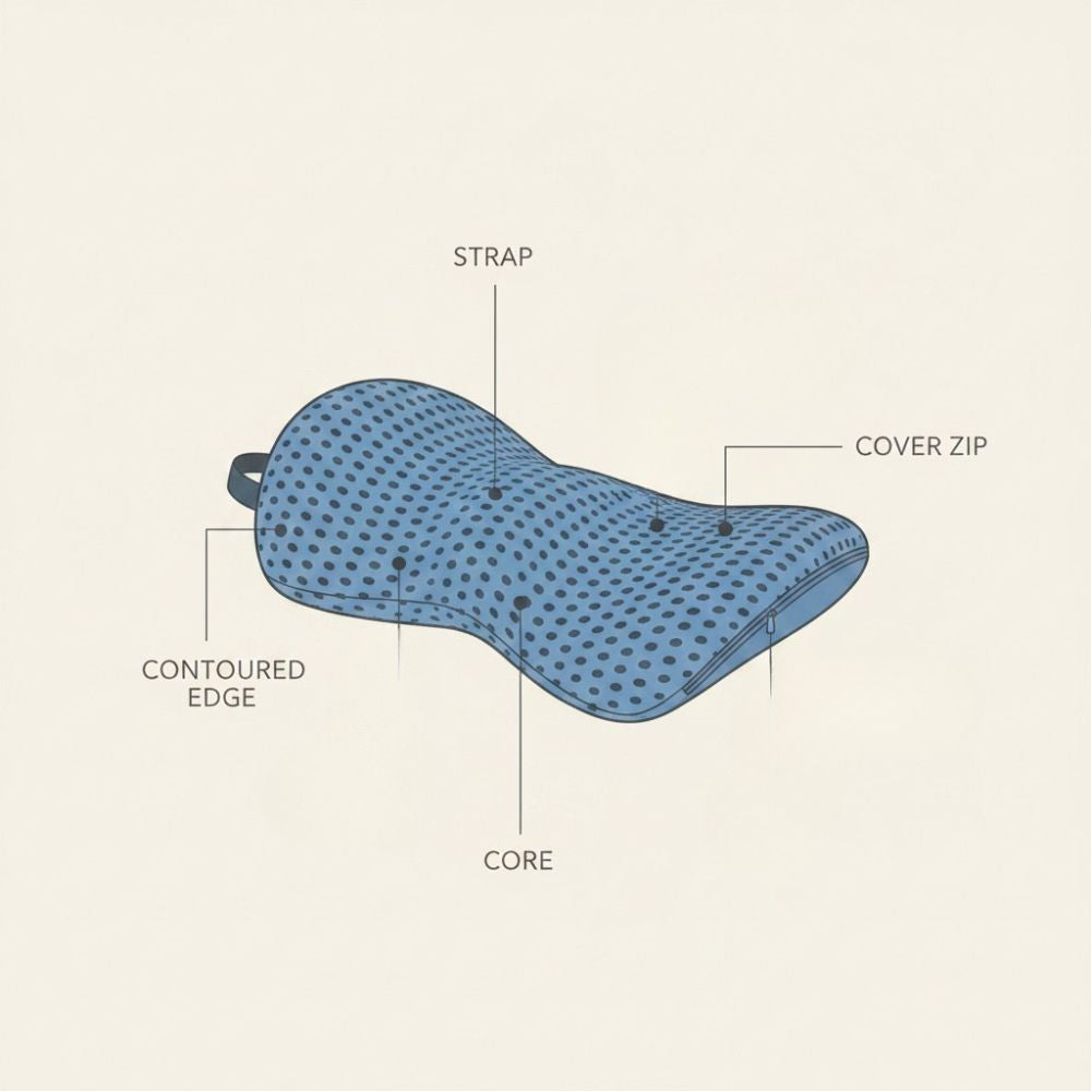 A labeled line drawing of a blue contoured pillow with dotted texture, showing callouts for strap, cover zip, contoured edge, and core on a light cream background.