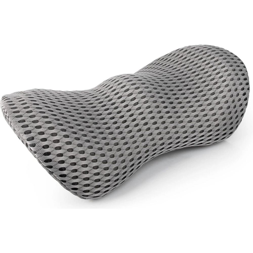 Grey ergonomic lumbar support pillow with breathable 3D mesh cover, shown on white background