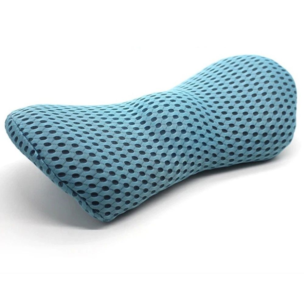 Blue ergonomic lumbar support pillow with breathable 3D mesh cover, shown on white background
