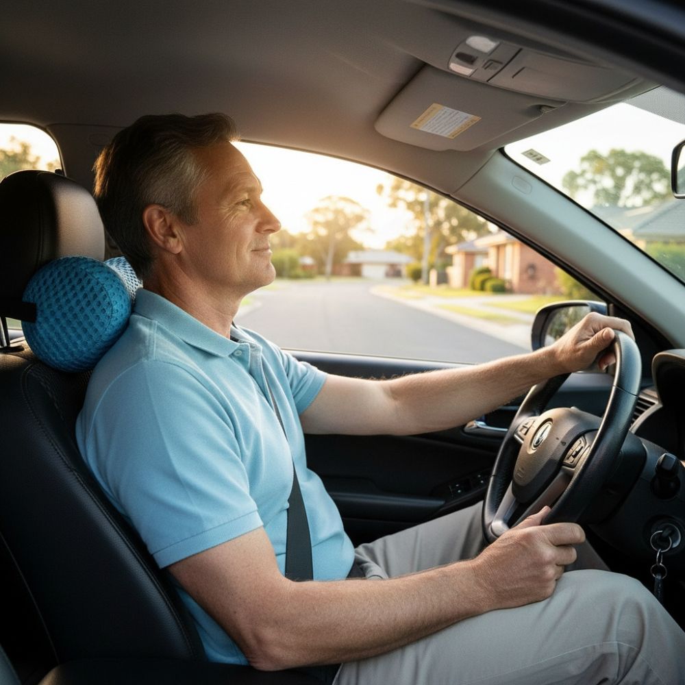 Man driving a car comfortably with a blue lumbar support pillow placed behind his lower back against the car seat