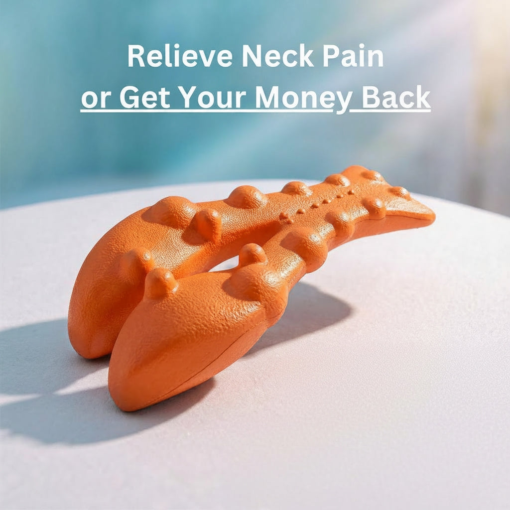 Orange lobster-shaped trigger point neck massager on a white surface with text overlay 'Relieve Neck Pain or Get Your Money Back'