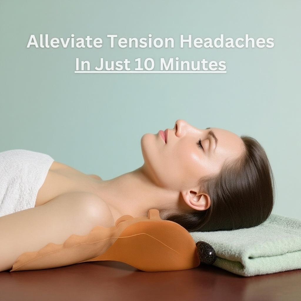 Woman lying on her back with eyes closed resting her neck on an orange trigger point massager, with text overlay 'Alleviate Tension Headaches In Just 10 Minutes'
