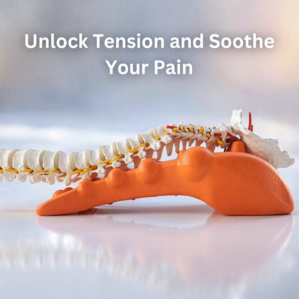 Anatomical spine model resting on an orange trigger point neck massager with text overlay 'Unlock Tension and Soothe Your Pain'