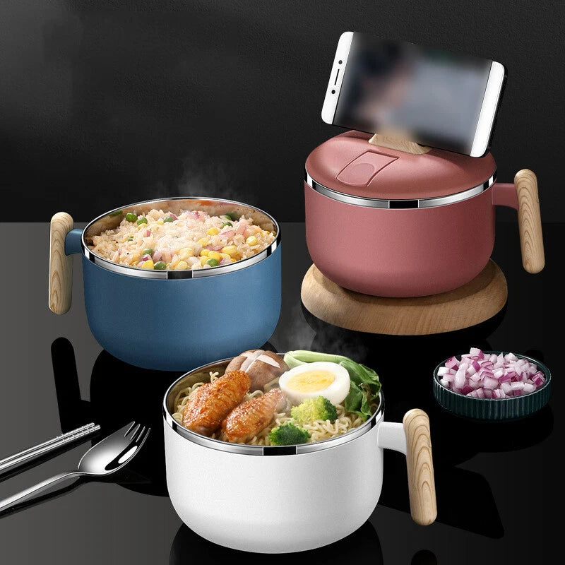 1.2L Instant Noodle Large Cereal Bowl Soup Mug Sealing Lid w/Phone Holder Handle